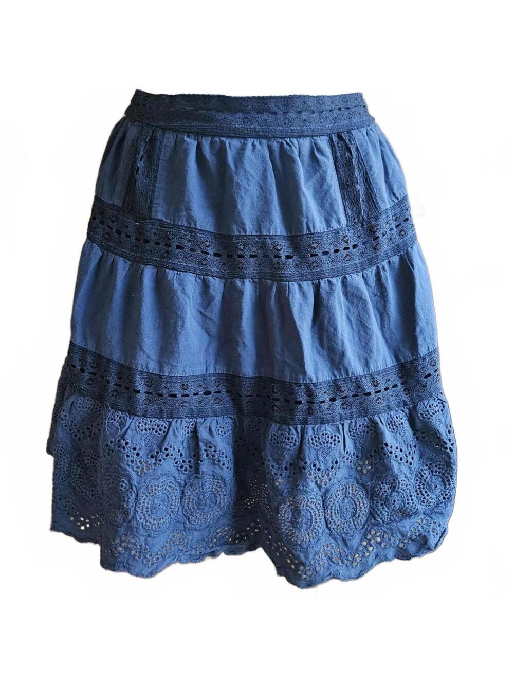 Navy Cotton Tiered Mini Skirt Small Lace Embroidery Witchy Whimsigoth Fairy